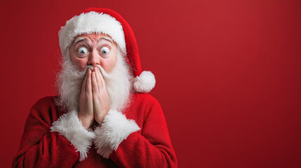 Santa Claus, mid-shock, with his eyes wide and hands clutching his white beard, standing against a solid red background with generous copy space for holiday promotions or designs.