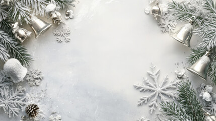 A silver Christmas template featuring a festive frame of silver bells and snowflakes, creating a serene and elegant look.