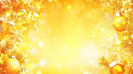 A vibrant yellow Christmas template with a bright festive frame of stars, ornaments, and holiday lights, radiating warmth and cheer.