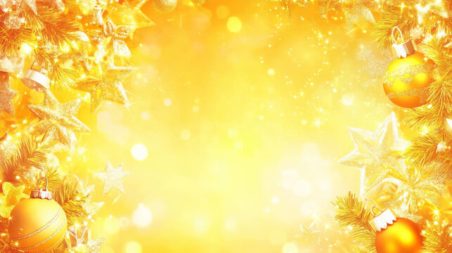 A vibrant yellow Christmas template with a bright festive frame of stars, ornaments, and holiday lights, radiating warmth and cheer.