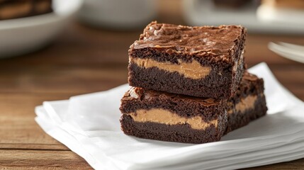 Brownie squares with a layer of peanut butter, served on a white napkin generative ai