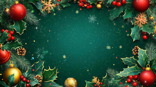 A vibrant green Christmas template with a festive frame of holly leaves, ornaments, and snowflakes, perfect for holiday designs.