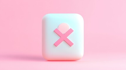 Fototapeta premium 3D render of a pink circle with an X through it on a blue square against a pink background.