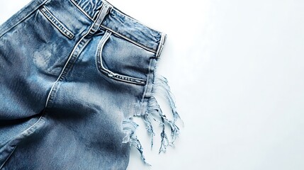 Ripped denim jeans with a frayed hem, a distressed look, perfect for a casual outfit.