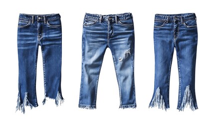 Three pairs of blue denim jeans with frayed hems.