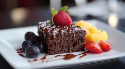 Brownie with a drizzle of salted caramel, plated with a side of fresh fruit generative ai