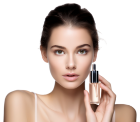 Woman face serum for face with model and cosmetics lipstick white background perfection.