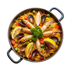 Front view of Arroz a Banda rice cooked in fish broth with tender rice and a variety of seafood, served in a Spanish paellera food photography style isolated on a white transparent background 