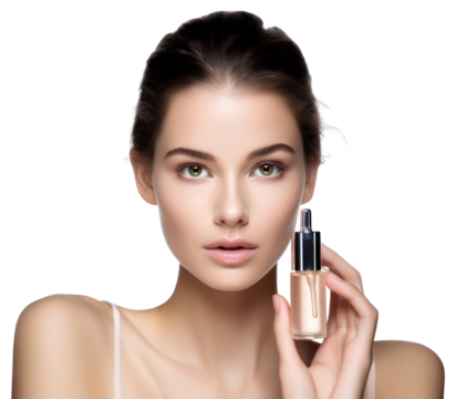 Woman face serum for face with model and cosmetics lipstick white background perfection.