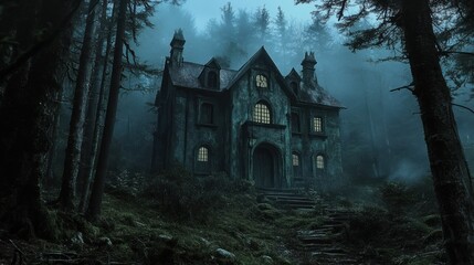 Design a chilling haunted house nestled in a desolate forest, its windows shrouded in darkness and eerie whispers echoing through the air, evoking the spine-tingling atmosphere of anime horror.
