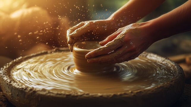 Hands shaping clay on a pottery wheel, artistic craft.