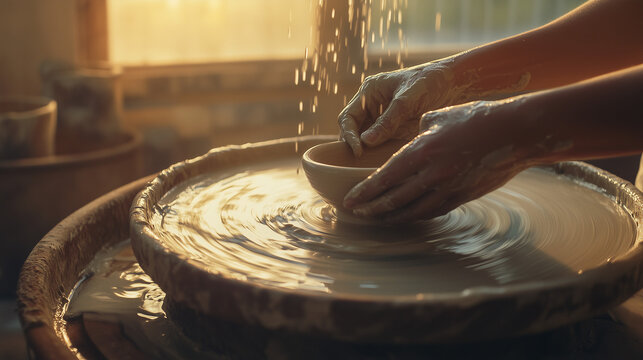 Hands shaping clay on a pottery wheel, artistic craft.