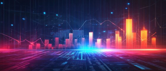 Abstract digital cityscape with glowing buildings and lines, representing growth and innovation.