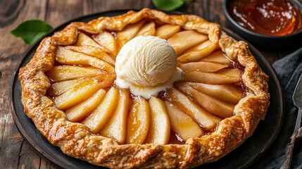 Rustic homemade apple crostata with vanilla ice cream on top