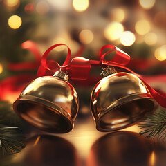 Obraz premium Golden Christmas bells with red ribbons and festive bokeh lights.
