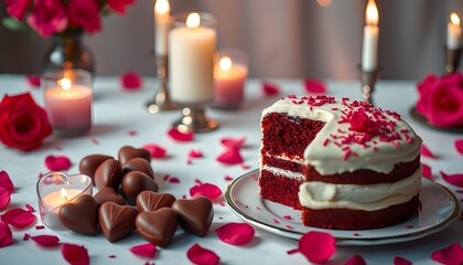 A romantic Valentine’s Day dessert table adorned with luscious heart-shaped chocolates, generative ai