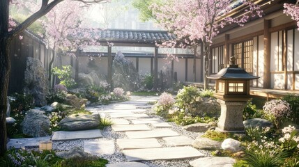 Design a serene traditional Japanese garden, adorned with blooming cherry trees and ornamental lanterns, capturing the essence of anime's cultural heritage.