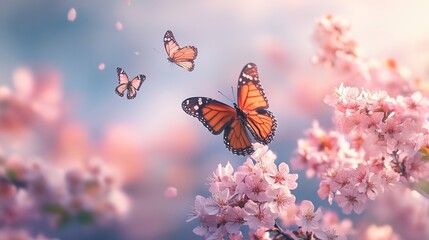 Macro Shot of Serene Spring Landscape with Pink Sakura Blossoms and Fluttering Butterflies Capturing Delicate Beauty of Nature in Full Bloom