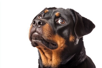 Fototapeta premium Close-up of an alert Rottweiler with a curious expression against a plain white background.