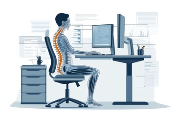 A detailed medical illustration of a person practicing good posture while working at a desk in an office setting during the daytime