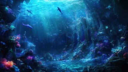Fototapeta premium Design an intricate underwater world teeming with bioluminescent creatures and ancient ruins, reflecting the imaginative depths of fantasy anime. 