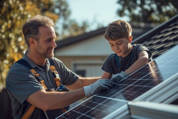 Caucasian father teaching his son about solar panel installation on a sunny day in their backyard, showcasing teamwork and learning moments