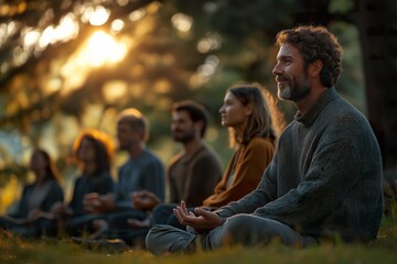 A diverse group of individuals meditating together in a serene forest during sunset, embracing mindfulness and community
