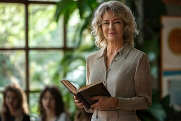 A confident middle-aged woman holding a book during a literary discussion in a sunlit, plant-filled room