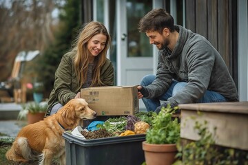 Young couple enjoys unpacking a delivery of fresh groceries while spending quality time with their dog in a cozy outdoor setting on a sunny day