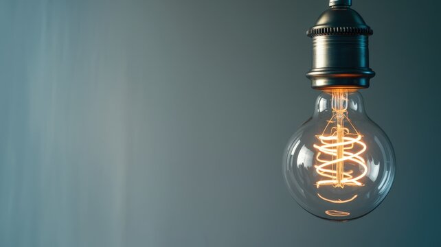 Close-up of a glowing vintage-style light bulb with a spiral filament on a dark background.