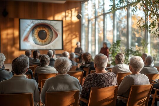 A group of seniors attending a presentation on eye health in a bright, sunlit community center during autumn