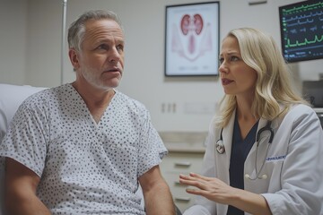Obraz premium Middle-aged Caucasian man in a hospital gown consulting with a female doctor in a medical office, focusing on health concerns and treatment options