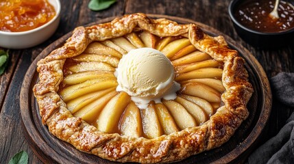 Rustic homemade apple crostata with vanilla ice cream on top