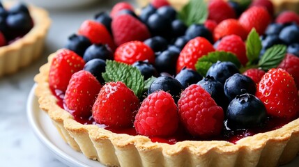 Classic French berry tarts with vibrant strawberries, blueberries, and raspberries, golden crust generative ai