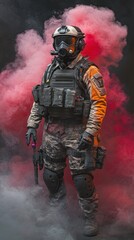 Fototapeta premium A soldier in full tactical gear and a gas mask stands in a cloud of pink smoke, looking to the side.
