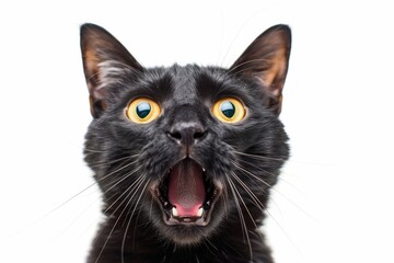 Close up of a black cat with wide eyes and open mouth expressing surprise or curiosity. A white background highlights the cats bright black fur and expressive face