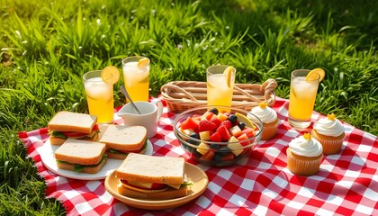 A vibrant summer picnic scene laid out on a classic red-and-white checkered blanket, generative ai