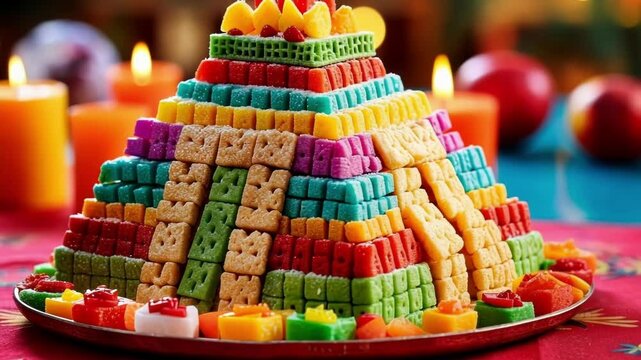 Pyramid of alegrias, traditional mexican amaranth candy, sits on a table adorned with festive decorations, capturing the vibrant spirit of christmas celebrations