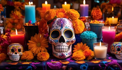 Vibrant Day of the Dead Altar with Colorful Decorations
