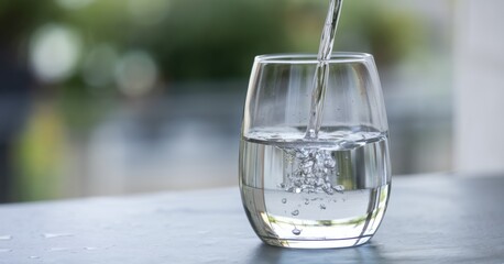 Close-up of fresh water being poured into a clear glass on a sunny day.
