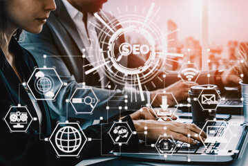 SEO - Search Engine Optimization for Online Marketing Concept. Modern interface showing symbol of...