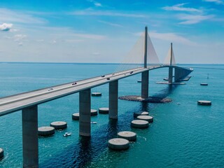 Traffic crossing the Sunshine Skyway Bridge in the Tampa Bay, St. Petersburg, Florida, United...