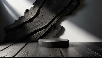 Burnt black wood texture. Charred charcoal. A wall made of damage 3D studio room with a podium on a white background. Empty floor and wall with shadow overlay from window onto tabletop. Stand with sun