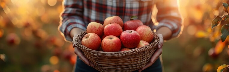 Woman with a Basket of Freshly Picked Apples in an Autumn Orchard