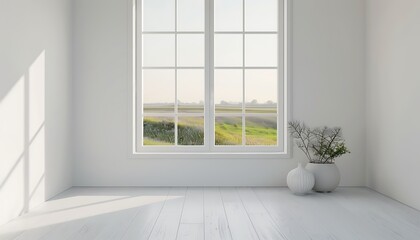White room, summer view outside window, Scandinavian style, minimalist home design, copy space, 3D rendering.