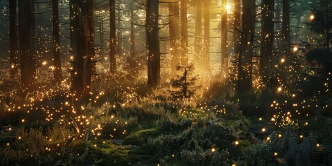 Fototapeta premium A serene photo of a forest at dawn, with digital fairy lights and whimsical creatures