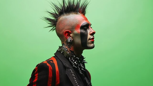 Punk musician with a bold mohawk and vibrant makeup poses against a green screen, embodying rebellious style and individuality. Perfect for music related designs