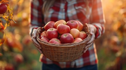 Woman with a Basket of Freshly Picked Apples in an Autumn Orchard