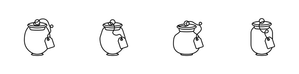 Set of jars vector icons. Set of magic jars with tags. Urns outline vector. Simple jars set. A jar with a lid and a sticker on a thread. Vector illustration.