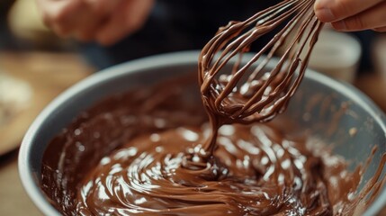 Close-up of chocolate ganache being whisked by hand, dessert workshop ambiance generative ai